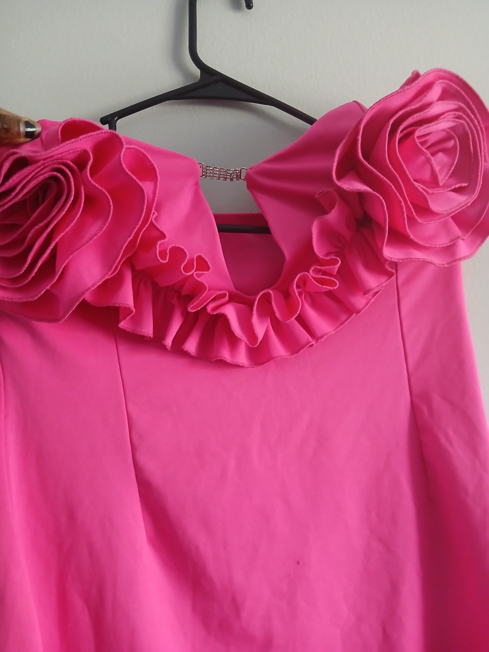 Women’s Pink Ruffle Neck Dress with Floral Accents